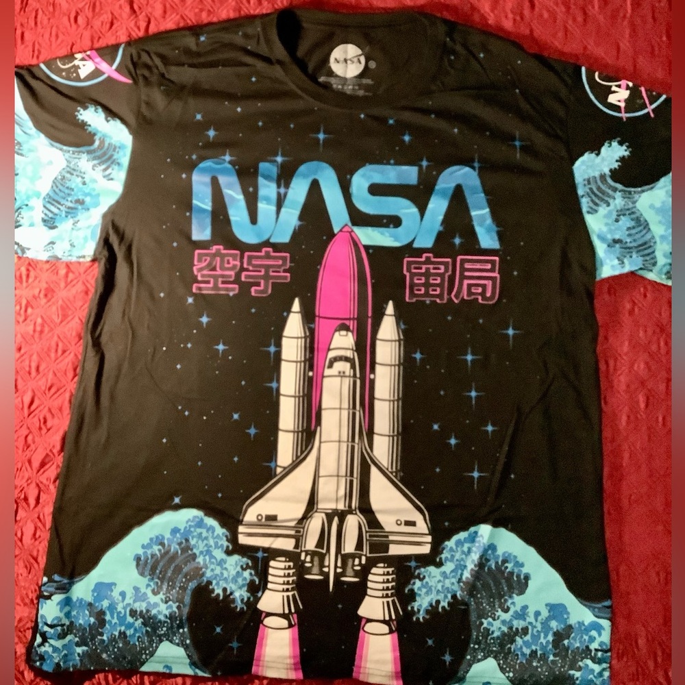 NASA T-Shirt Full Graphic Japanese Hokusai Waves Space Shuttle 2XL